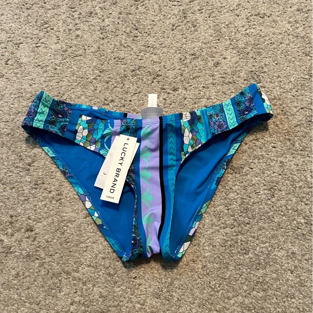 Lucky Brand‎ Blue Floral Honeycomb Mixed Print Ruched Bikini Bottom Small NEW
